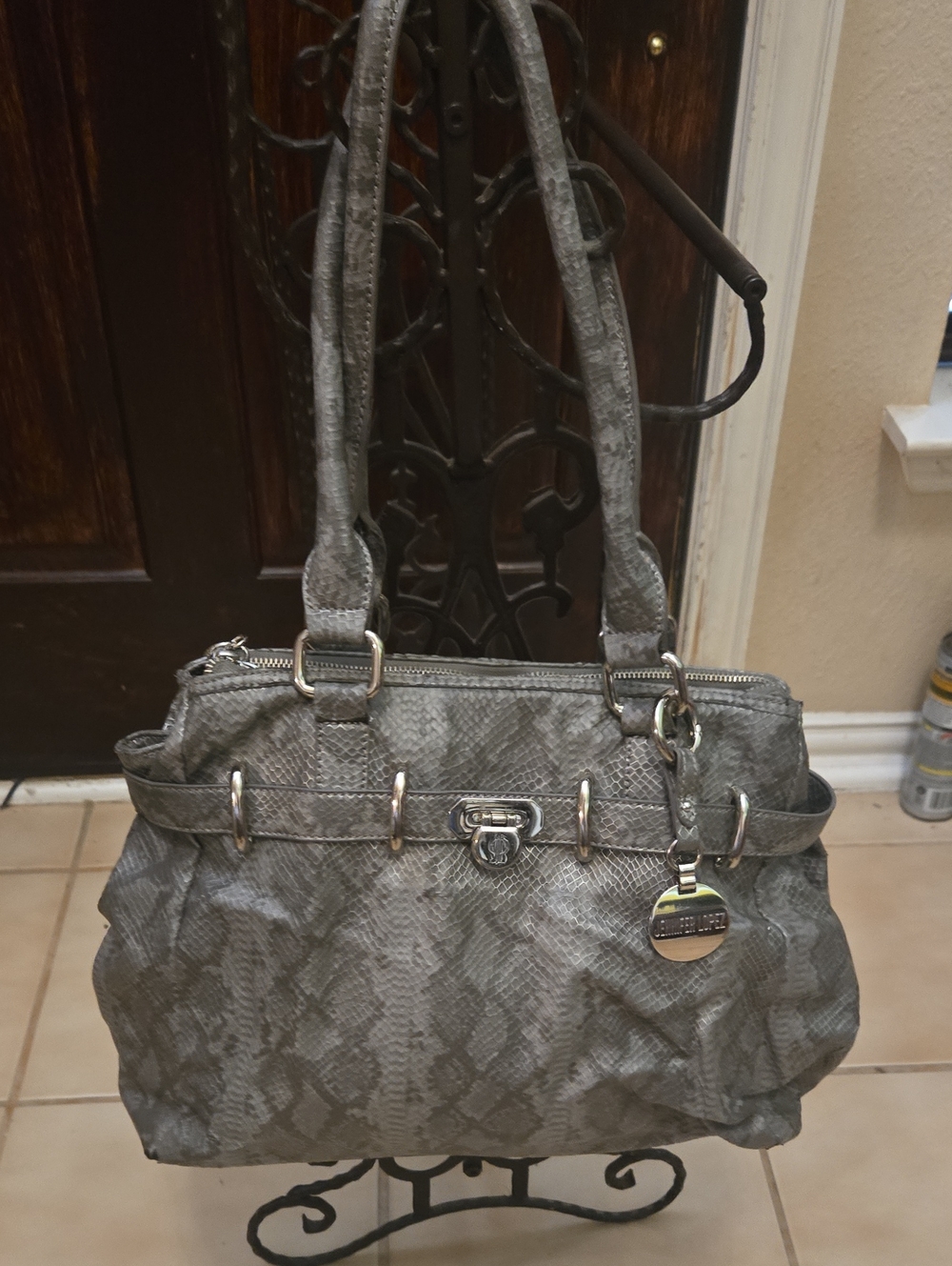 Jennifer Lopez Gray Snake-Print Shoulder Bag with Silver Accents